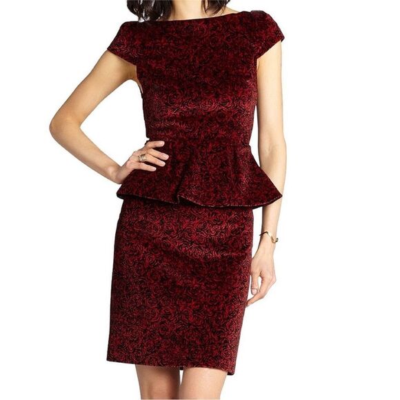 Alice & Olivia Red Rose Velvet Peplum Dress - Picture 1 of 9